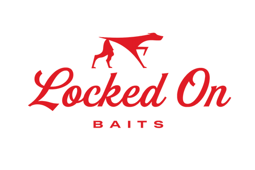 Red logo text reading 'Locked On BAITS' with a red dog silhouette above, centered on a plain white background.